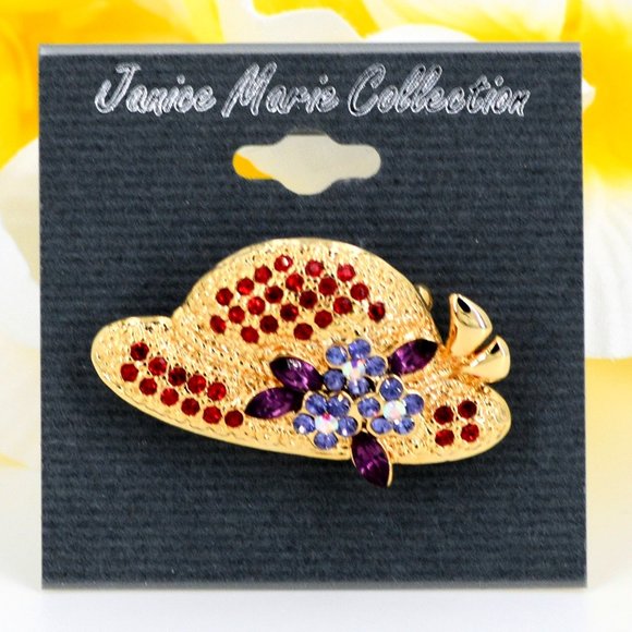 Gold Red Hat Ladies Crystal Pin Brooch with Flowers CP04 - Picture 1 of 5